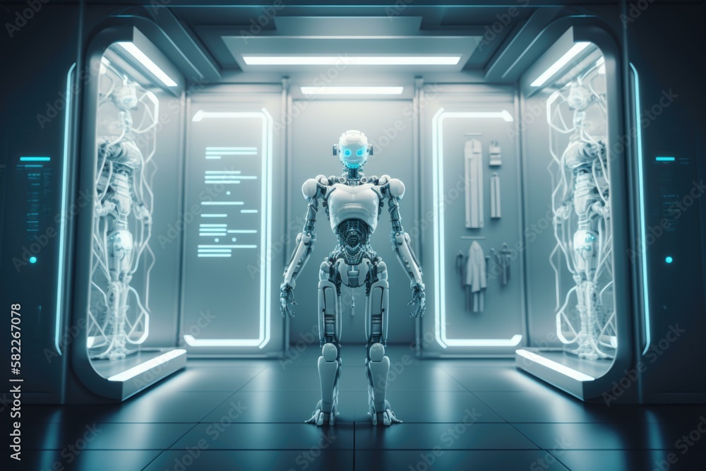 Poster a robot standing in a futuristic looking room with a neon light factory animation robotics engineeri