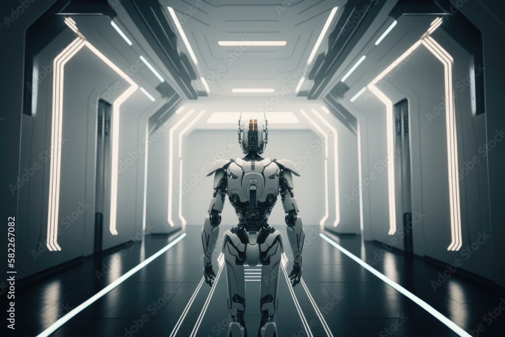 Poster a robot is walking through a tunnel in a sci - fi environment arcade animation robotics engineering 
