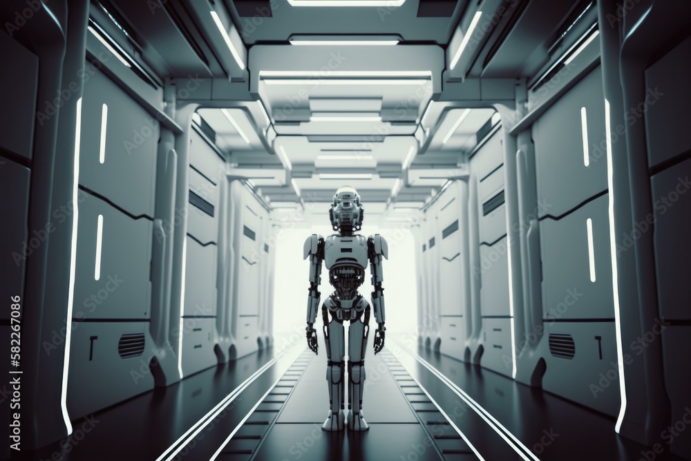 Poster a robot is walking through a tunnel in a sci - fi fi fi fi fi fi fi fi fi fi fi fi fi fi fi arcade a