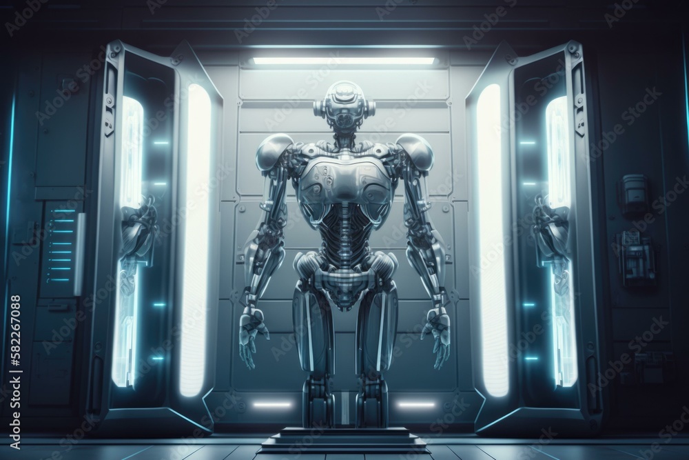 Poster a robot standing in a doorway with a light shining on it factory animation robotics engineering gene