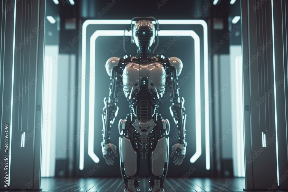 Poster a futuristic woman standing in a doorway with a robot suit on factory animation robotics engineering