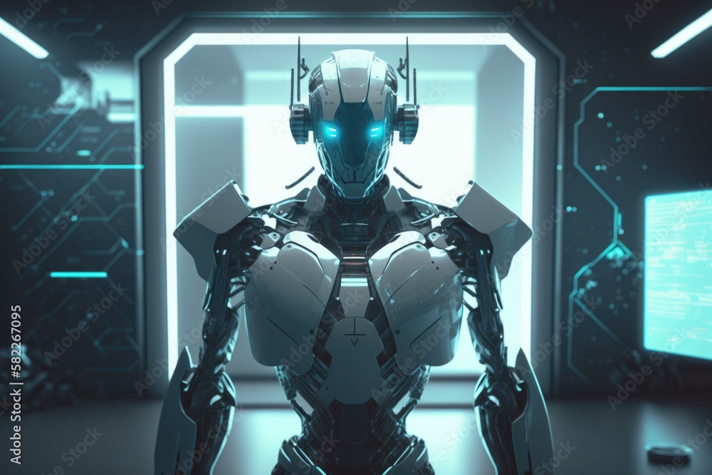 Poster a robot standing in a room with a futuristic background factory animation robotics engineering gener
