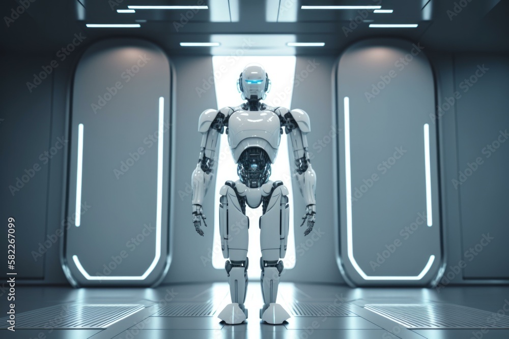 Poster a robot standing in a room with a light coming through arcade animation robotics engineering generat