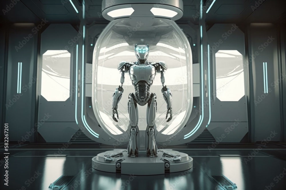 Poster a robot standing in a futuristic space station with a window hospital animation robotics engineering