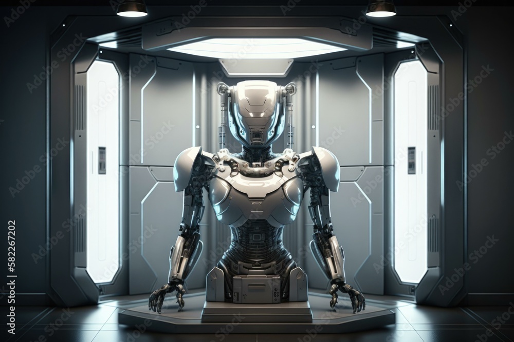 Poster a robot standing in a doorway with a light on workshop assemblage robotics engineering generative ai