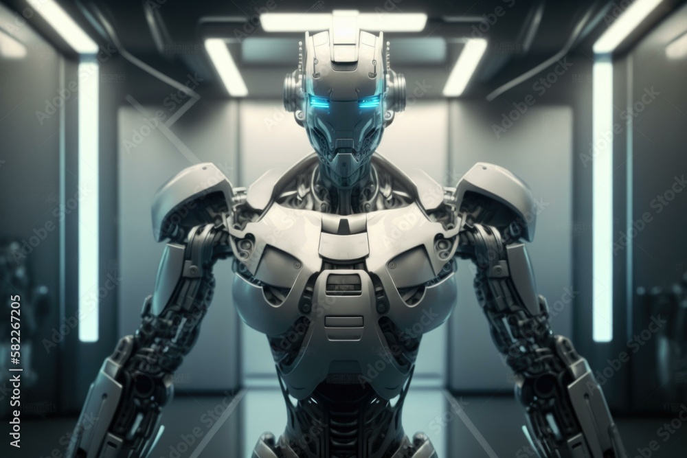 Poster a robot standing in a room with a light on car repair shop animation robotics engineering generative