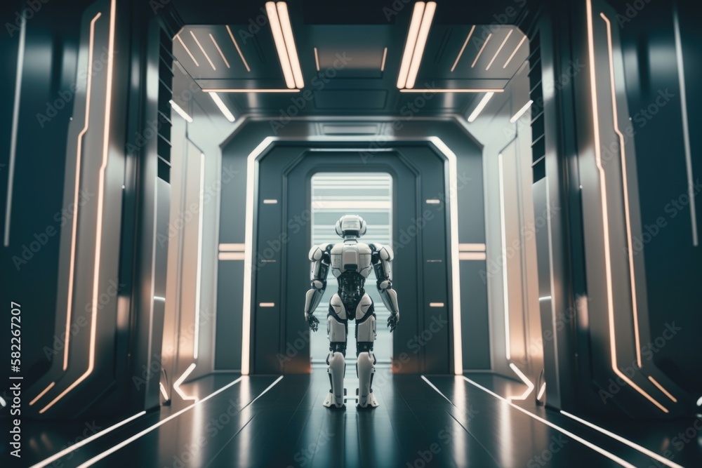 Poster a man in a sci - fi fi fi suit walking through a hallway arcade animation robotics engineering