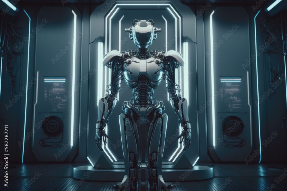 Poster a futuristic robot standing in a room with a speaker factory animation robotics engineering generati