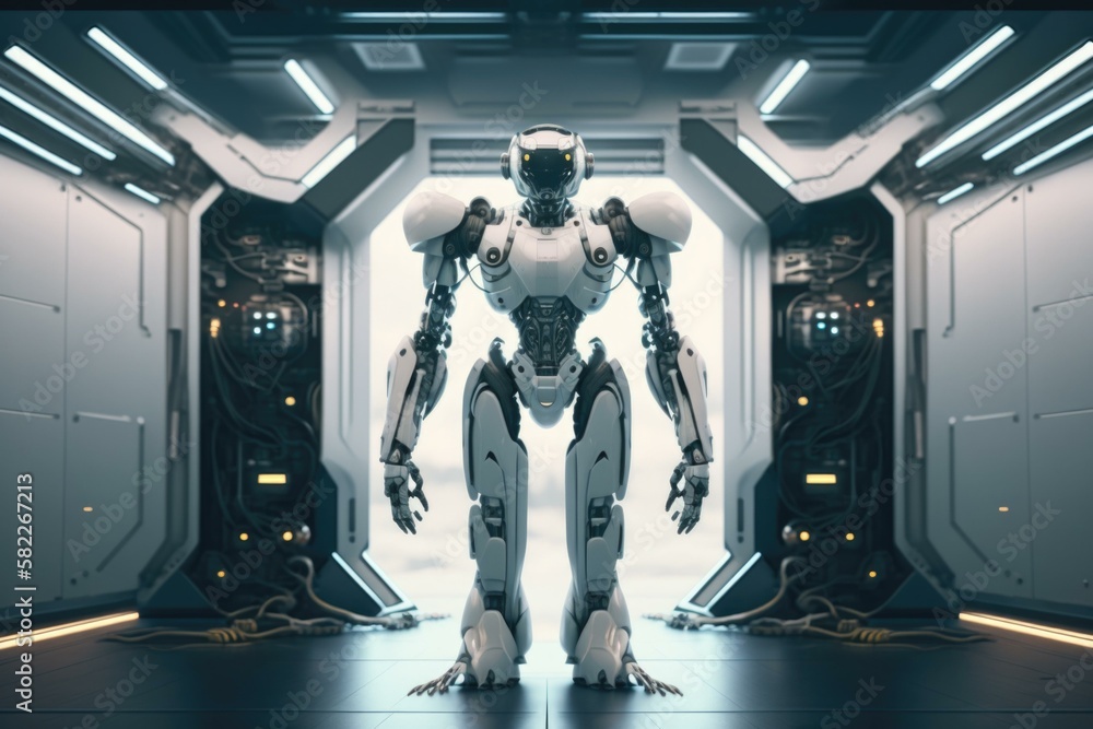 Poster a robot standing in a doorway in a futuristic building arcade animation robotics engineering generat