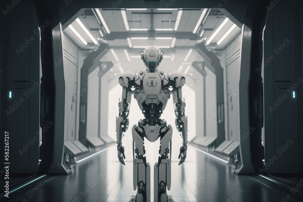 Poster a robot standing in a hallway in a futuristic building arcade animation artificial intelligence gene