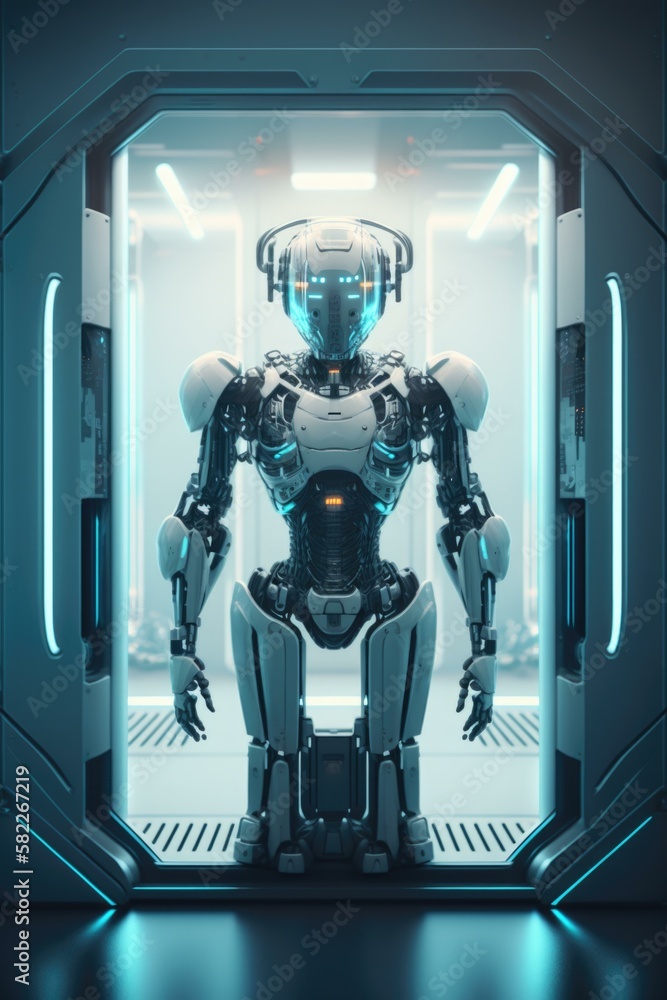 Poster a robot standing in a doorway with his hands in his pockets factory animation robotics engineering g