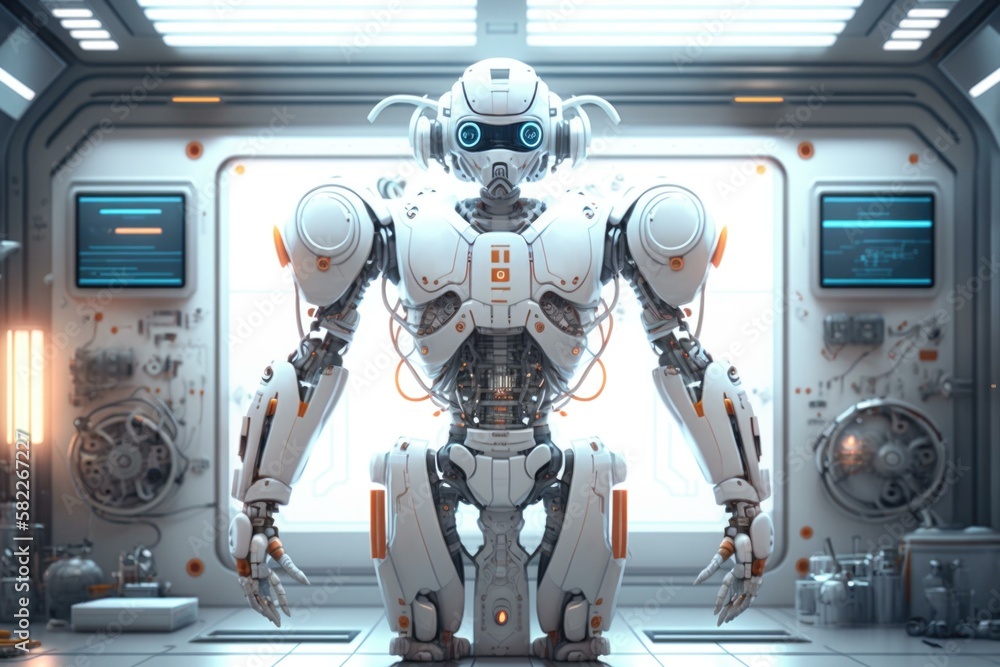 Poster a robot standing in a room with a lot of windows arcade animation robotics engineering generative ai