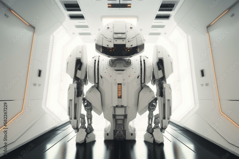 Poster a robot is standing in a white room with a black floor arcade animation robotics engineering generat
