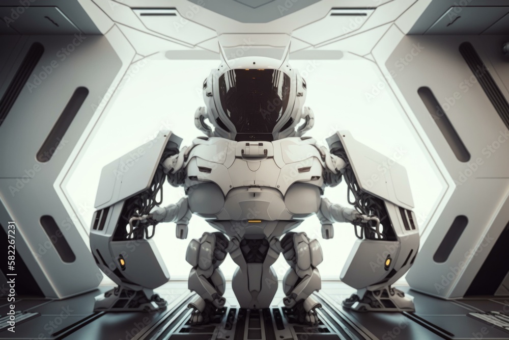 Poster a futuristic robot standing in a space station with a bright light arcade animation robotics enginee