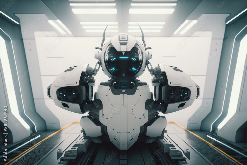 Poster a futuristic looking robot in a white room with yellow lines factory animation artificial intelligen