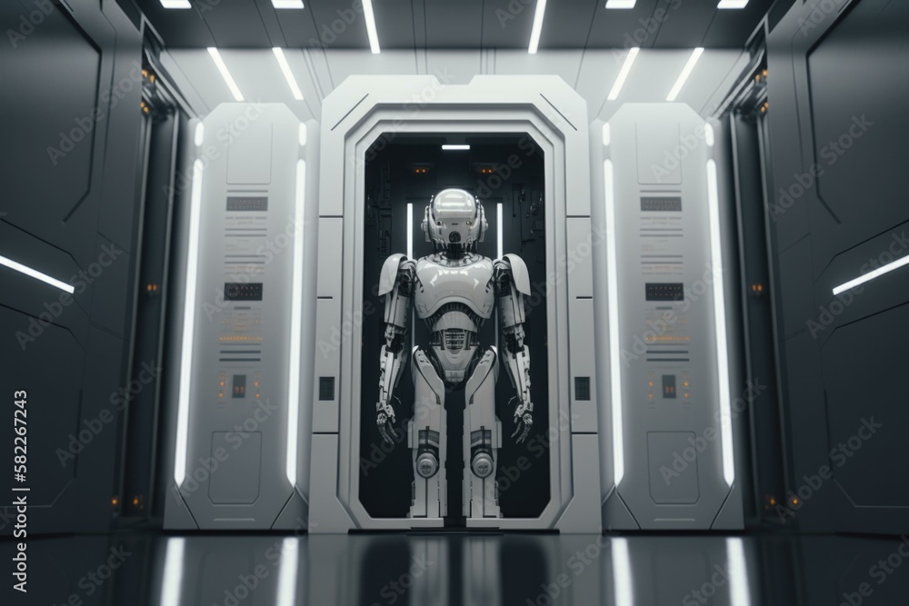 Poster A Robot Standing In A Doorway In A Futuristic Building Arcade Animation Robotics Engineering  Generative AI 