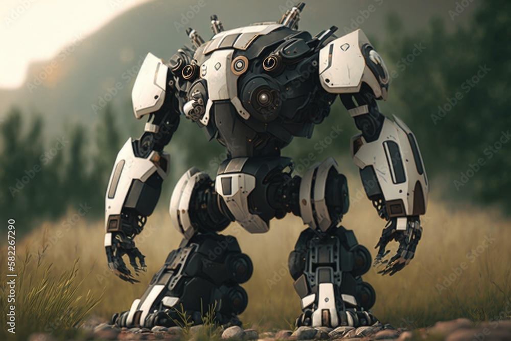 Poster a robot that is standing in the grass with a mountain in the background tundra photorealism artifici