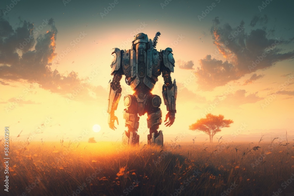 Aufkleber a robot standing in a field at sunset with the sun behind it prairie environmental art artificial in