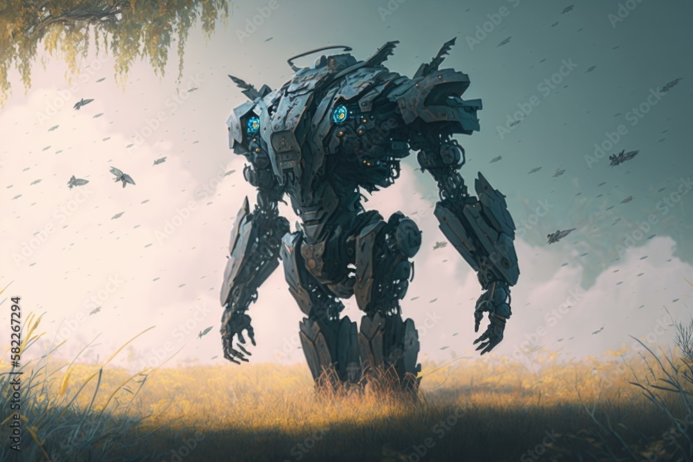 Poster a robot standing in a field with birds flying around junkyard environmental art robotics engineering