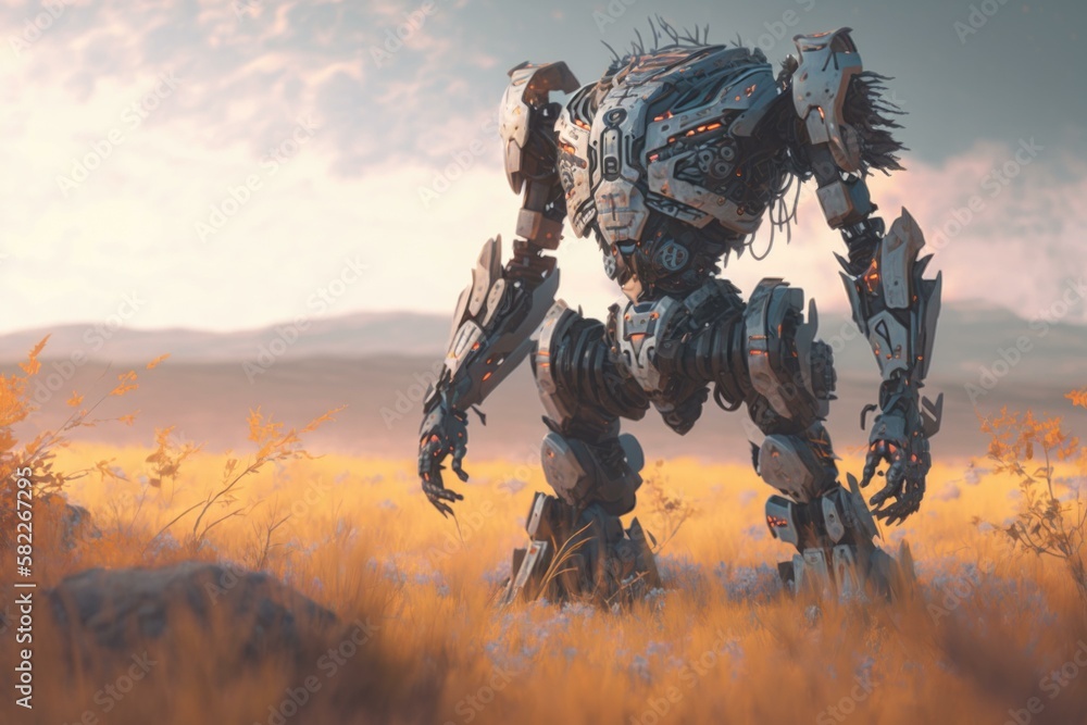 Poster a robot standing in a field of tall grass junkyard environmental art robotics engineering generative