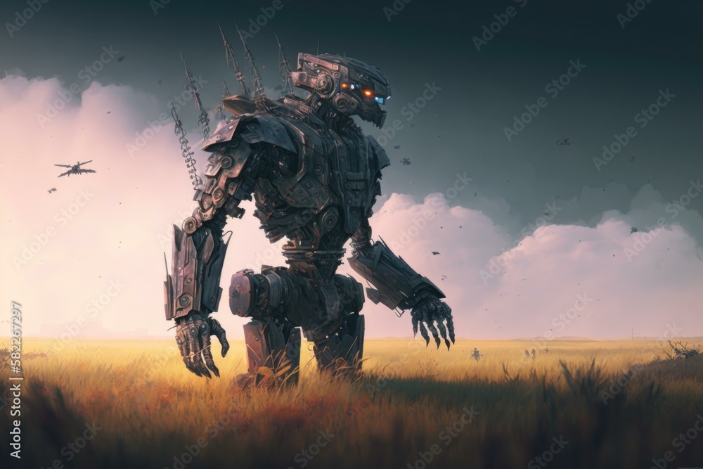 Poster a robot standing in a field with a plane in the background farm animation robotics engineering gener