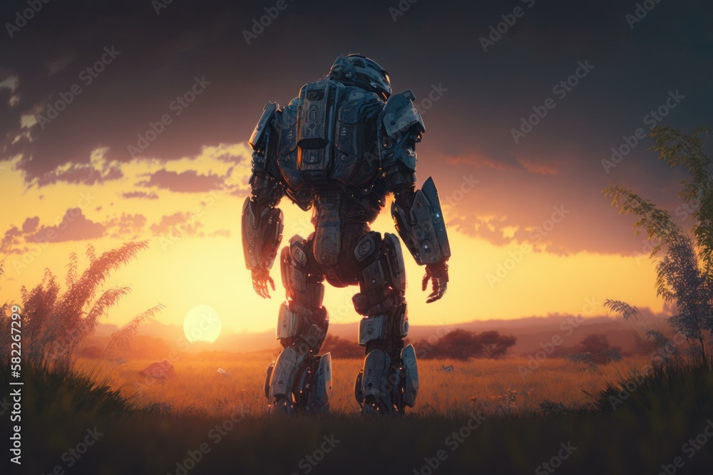 Poster a robot standing in a field at sunset with the sun in the background prairie animation robotics engi