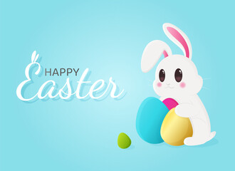 Happy Easter banner with white bunny and eggs. 
