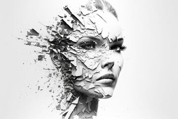 Dispersing fictitious woman face on white background. AI generated image