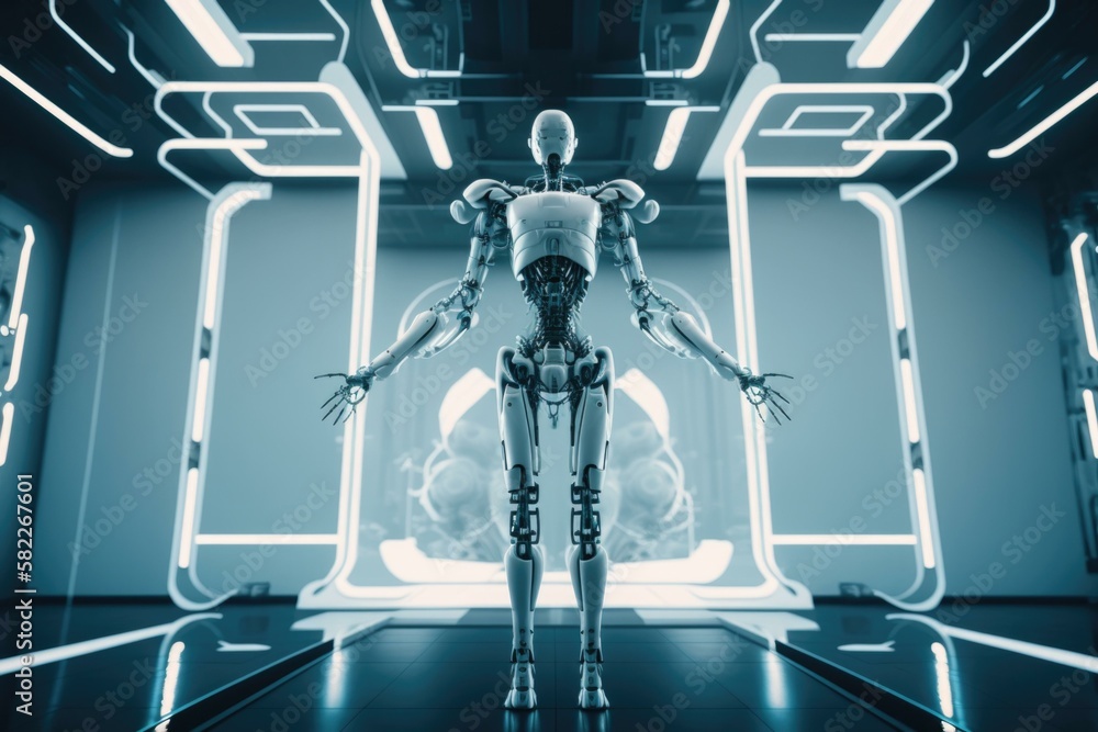 Poster a robot standing in a futuristic room with neon lights factory animation robotics engineering genera