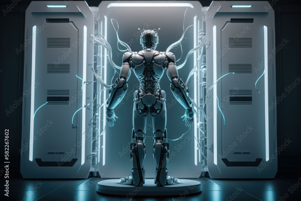 Poster a robot standing in front of a server in a dark room arcade animation robotics engineering generativ