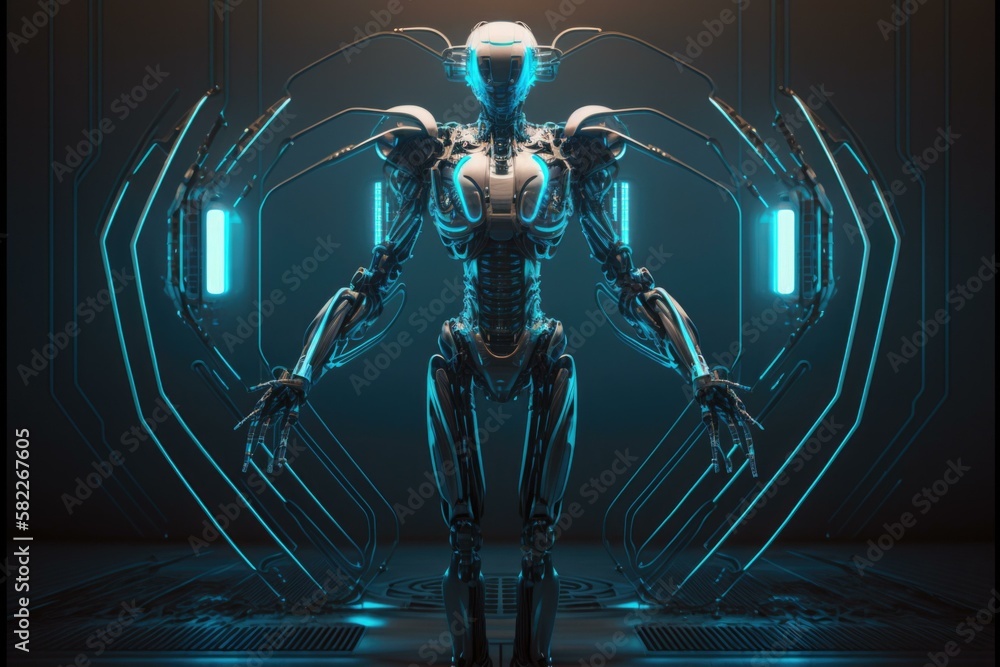 Poster A Futuristic Robot Standing In A Dark Room With Neon Lights Factory Animation Robotics Engineering  Generative AI 