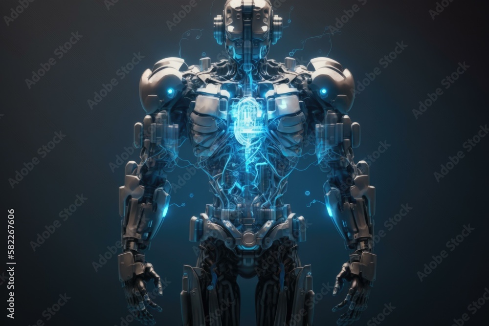 Poster a robot with glowing blue lights on its body car repair shop animation robotics engineering generati