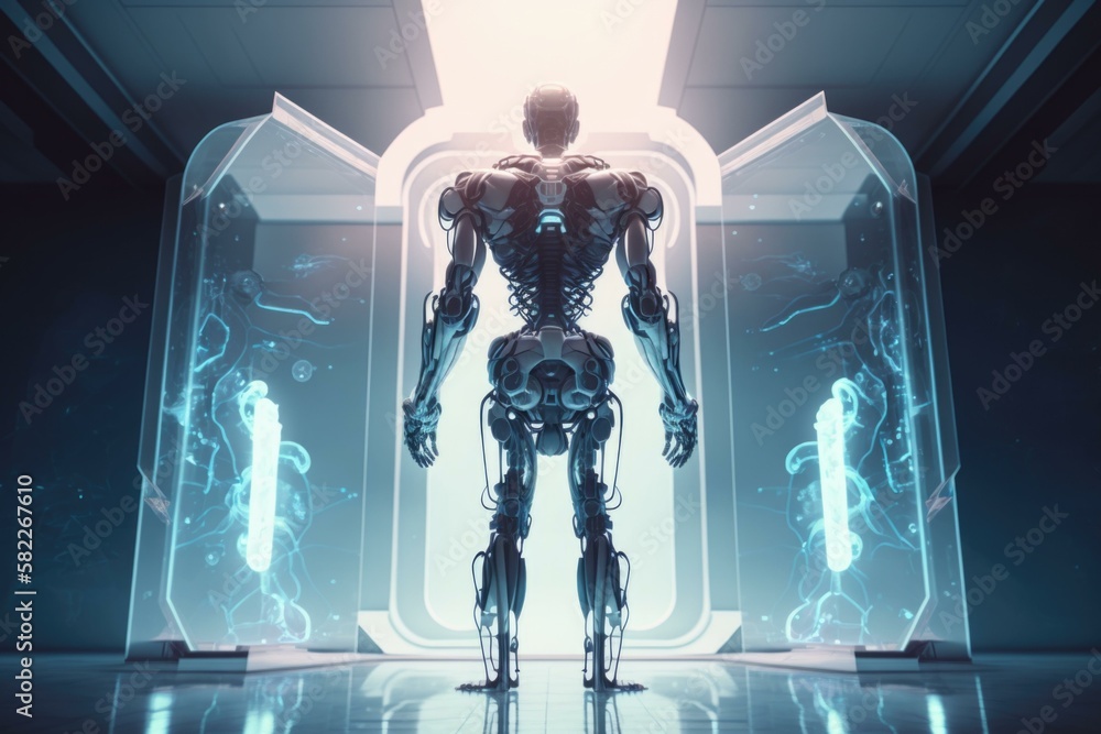 Poster a robot standing in a room with a lot of blue lights factory animation robotics engineering generati