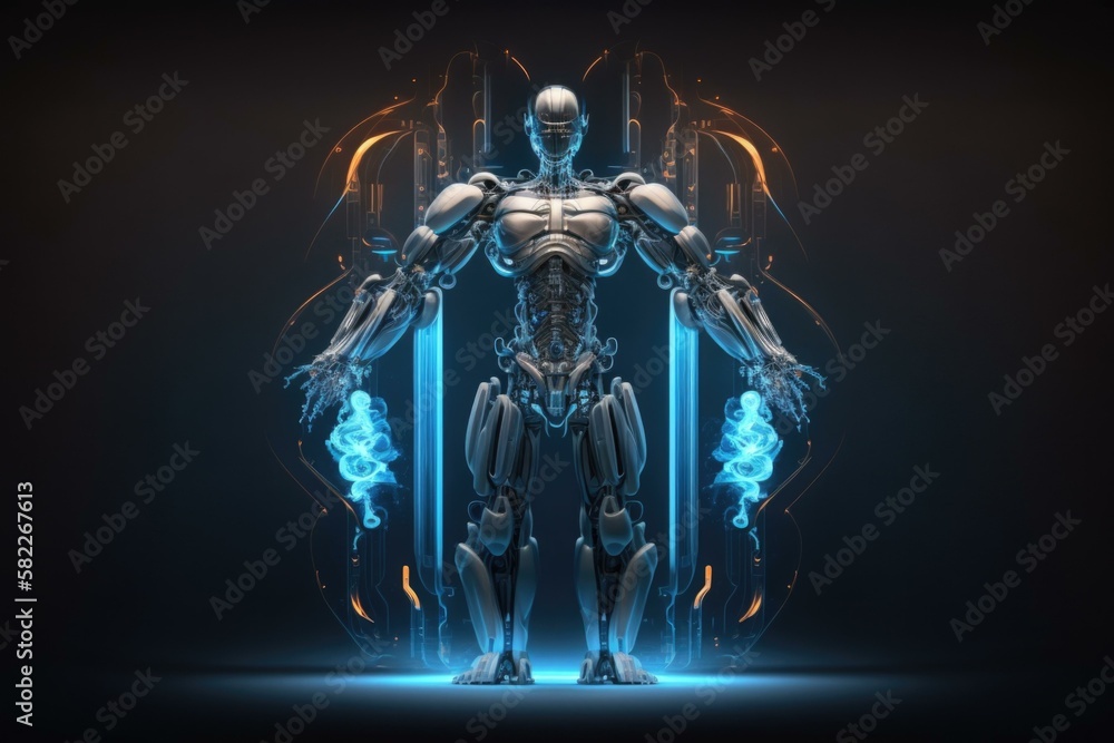 Aufkleber a robot standing in front of a doorway with blue lights car repair shop animation robotics engineeri