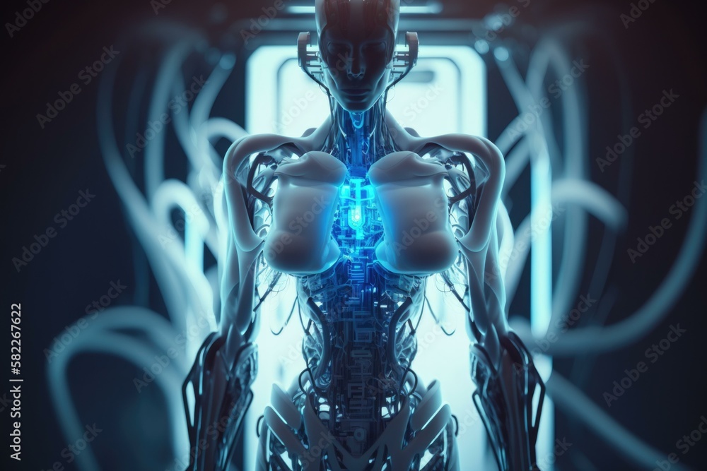 Poster a computer artwork of a human body with a blue light coming from the back boxing gym animation robot