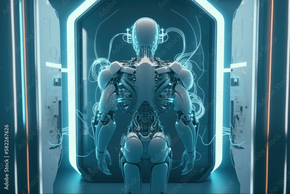 Poster a futuristic woman in a futuristic room with neon lights arcade animation robotics engineering gener