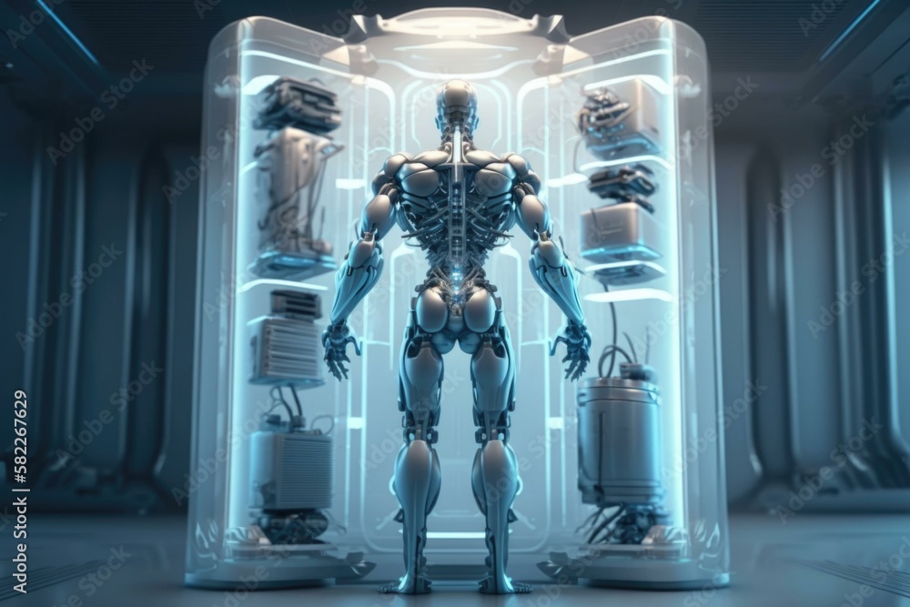Poster a robot standing in front of a refrigerator with many items kitchen animation robotics engineering g