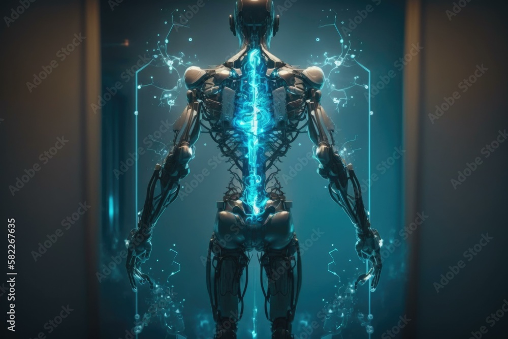 Poster a futuristic robot standing in a doorway with a glowing blue light science museum animation robotics