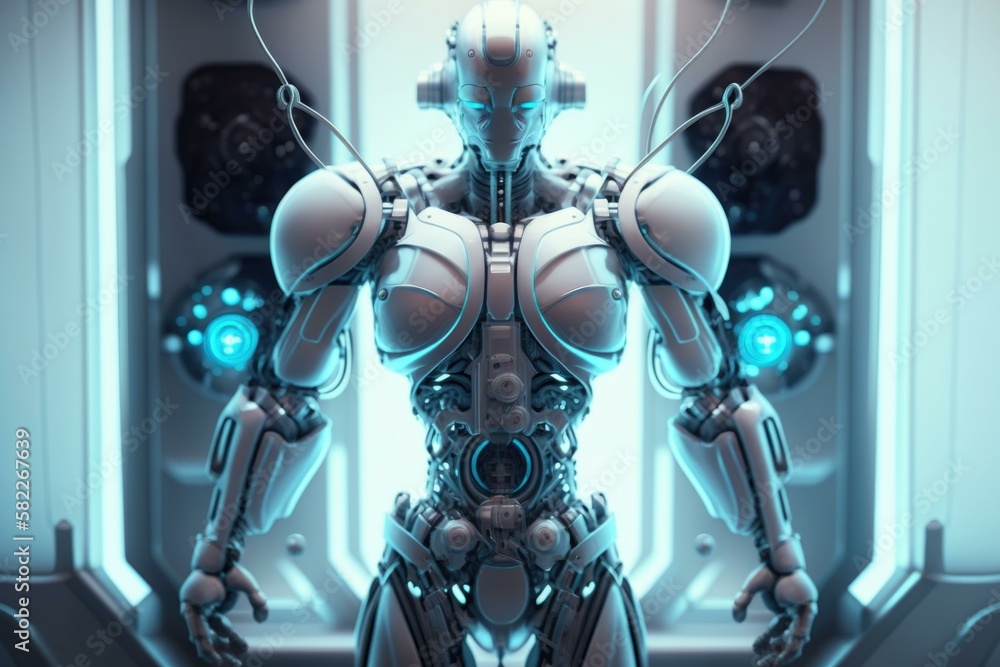 Poster a futuristic robot standing in a doorway with a light on car repair shop animation robotics engineer