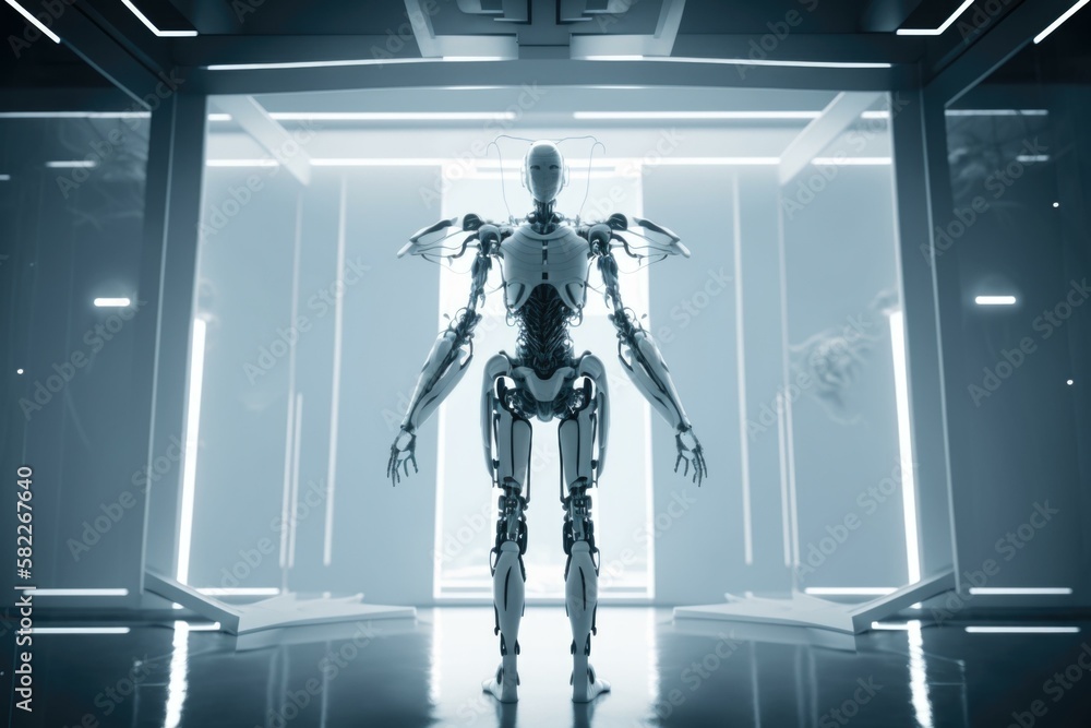 Poster a robot standing in a doorway with his arms outstretched factory animation robotics engineering gene
