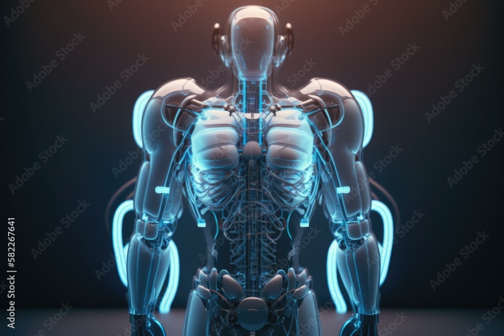 Poster a computer generated image of a human body with a robotic arm car repair shop animation robotics eng
