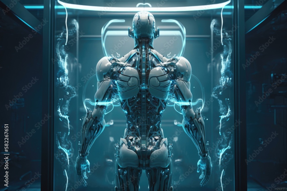 Poster a futuristic humanoid standing in a doorway with a futuristic background car repair shop assemblage 