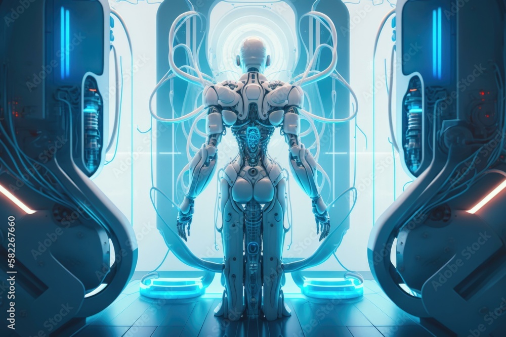 Poster a futuristic woman standing in a doorway with a futuristic background factory animation robotics eng