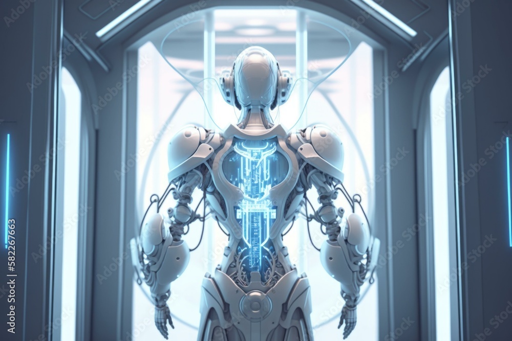 Poster a futuristic woman standing in a doorway with a futuristic clock factory animation robotics engineer