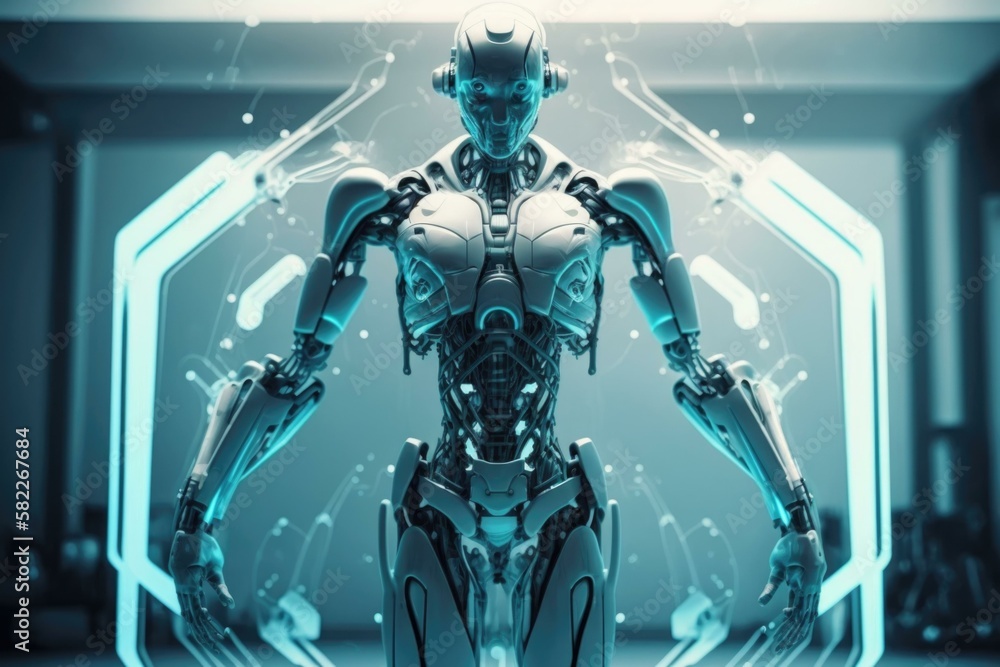 Poster a robot standing in a room with a futuristic background car repair shop assemblage robotics engineer