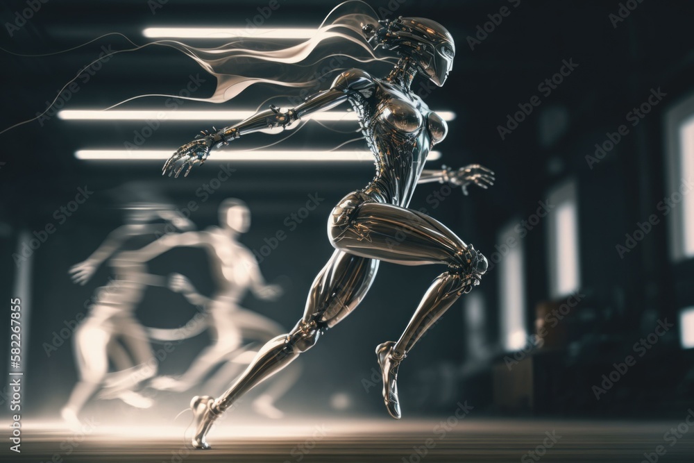 Poster a futuristic woman running in a dark room with a light shining on her arcade animation robotics engi