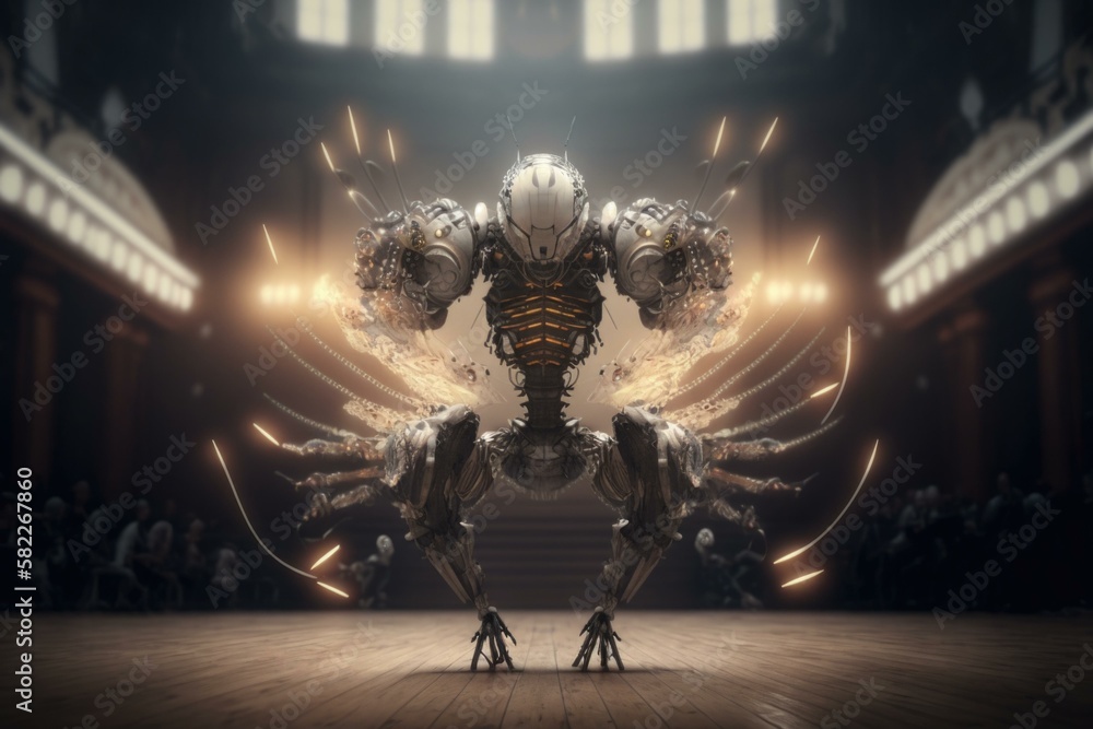 Poster a large robot standing in a room with a crowd power plant kinetic art computer graphics generative a