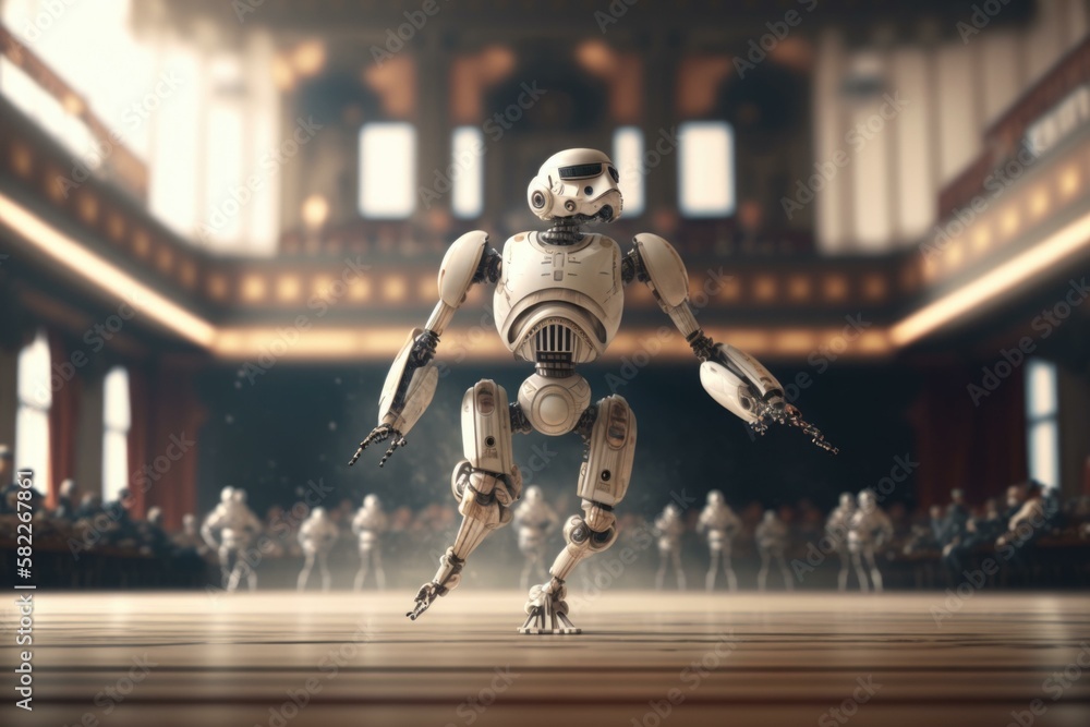 Poster a robot is standing in a large room with people dance studio animation robotics engineering generati
