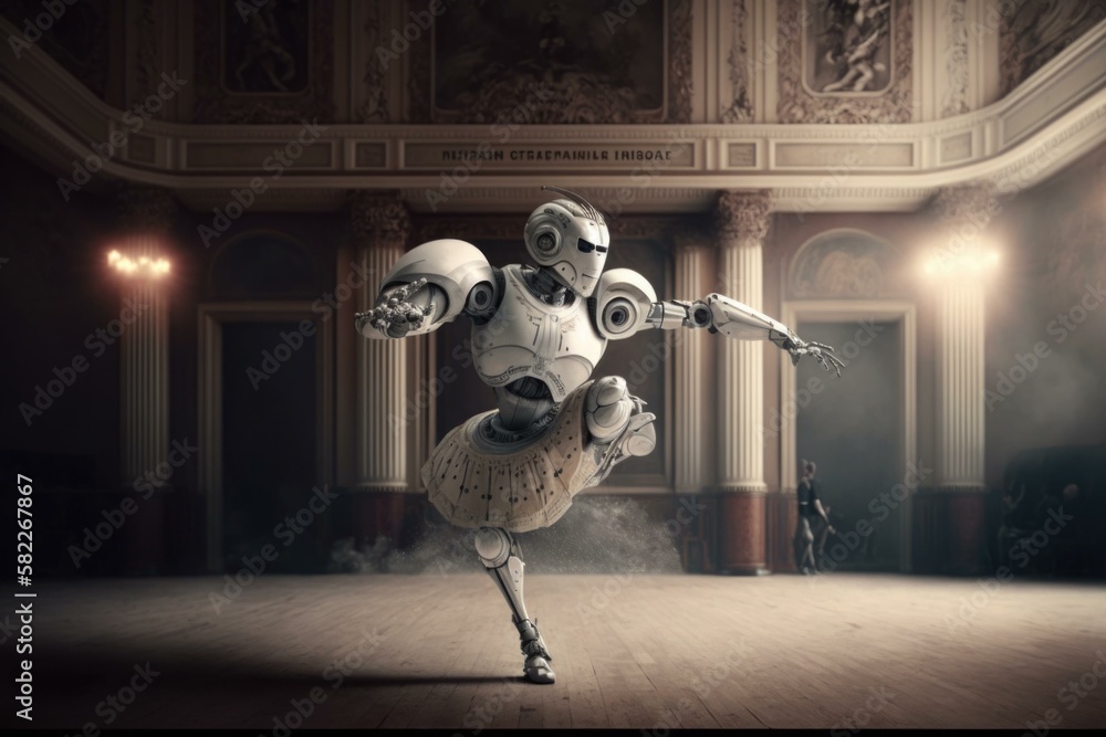 Fototapete a robot is dancing in a large room with columns dance studio advertising photography robotics engine