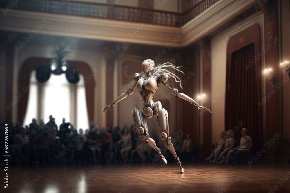 Aufkleber a robot is dancing in a large room with people dance studio kinetic art robotics engineering generat